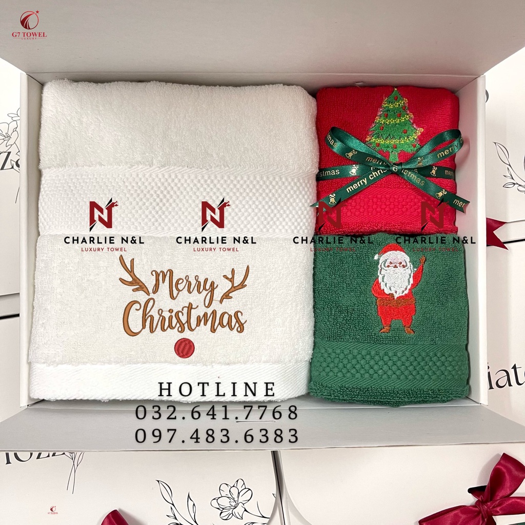 Bộ 3 khăn quà tặng CHARLIE-NO1 thêu hình Noel tinh xảo cực dễ thương.