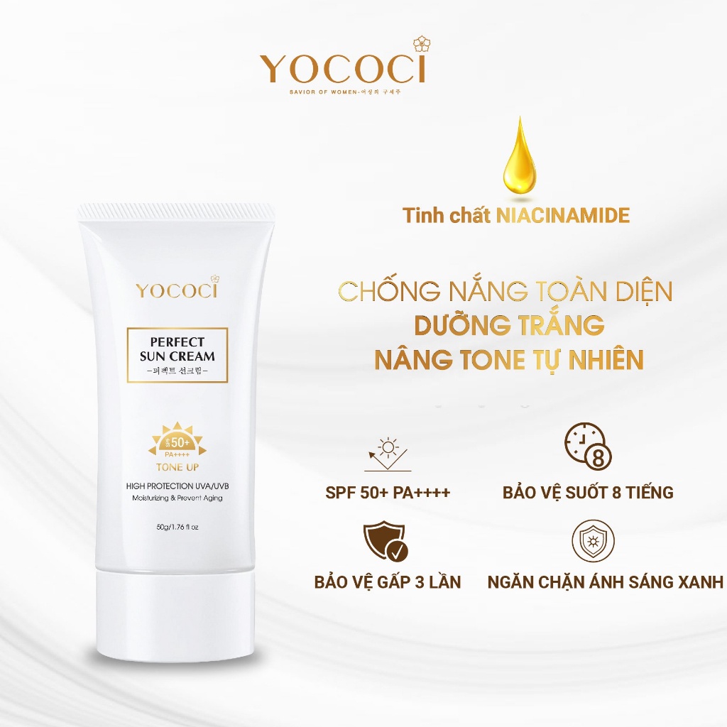 Kem chống nắng cao cấp Yococi Perfect Sun Cream SPF50+ PA++++ 50g Phục hồi, cải thiện tình trạng cháy nắng, nám, sạm da