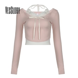 Áo Thun crop top Tay Dài Cổ Tròn Phối Ren Màu Tương Phản Thời Trang Cho Nữ 2023