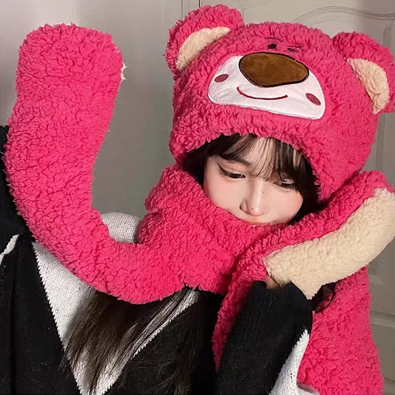 Nurgaz set Mũ Đi Xe Đạp Ngoài Trời + Khăn Choàng + Găng Tay + Mũ Lông Giữ Ấm Hình Gấu / Dâu Tây Dễ Thương Cho Nữ