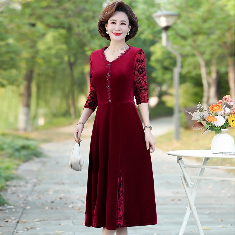 Hàng Mới Về Mới Đầm Dự Tiệc Dài Qua Gối Phong Cách Phương Tây Thời Trang Xuân Thu Cho Nữ Trung Niên