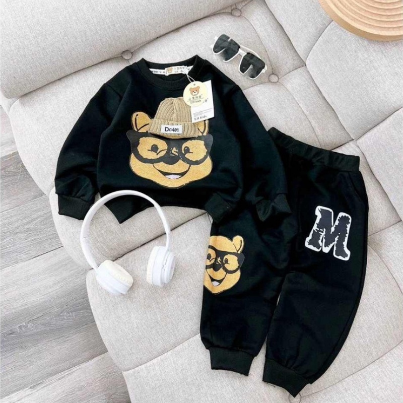 Bộ thu đông bé trai bé gái chất liệu nỉ bông in gấu pét đeo kính cho bé từ 8-18kg