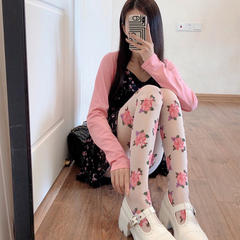 New Style Silk Stockings, Retro Floral Jumpsuit, Black Silk Nightclub Dancing, Women's Floral Silk Stockings with Anti Hook and Anti Silk Punching