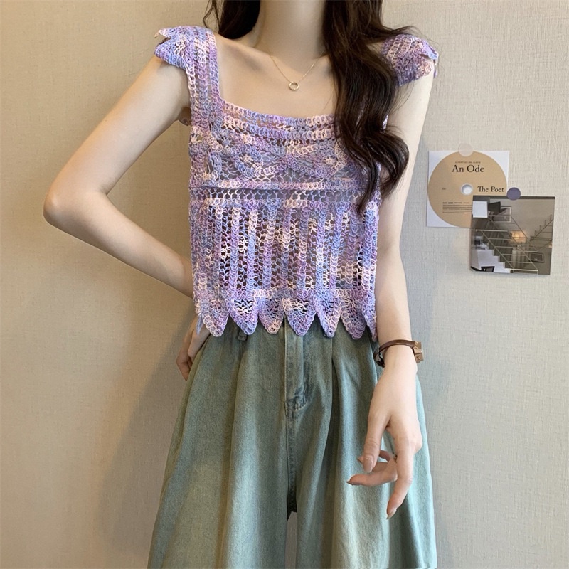 Áo 2 dây nữ mùa hè, áo 2s cánh tiên sợi móc sắc màu đi biển 2023