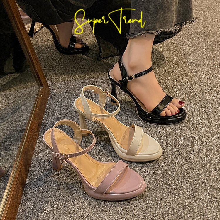 Giày Sandal Cao Gót Da PU Hở Ngón Mũi Chữ v Màu Trơn Phối Khóa Cài Độc Đáo