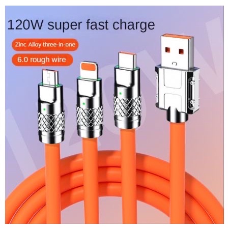 Cáp sạc nhanh 3 đầu 120w silicon + hợp kim kẽm