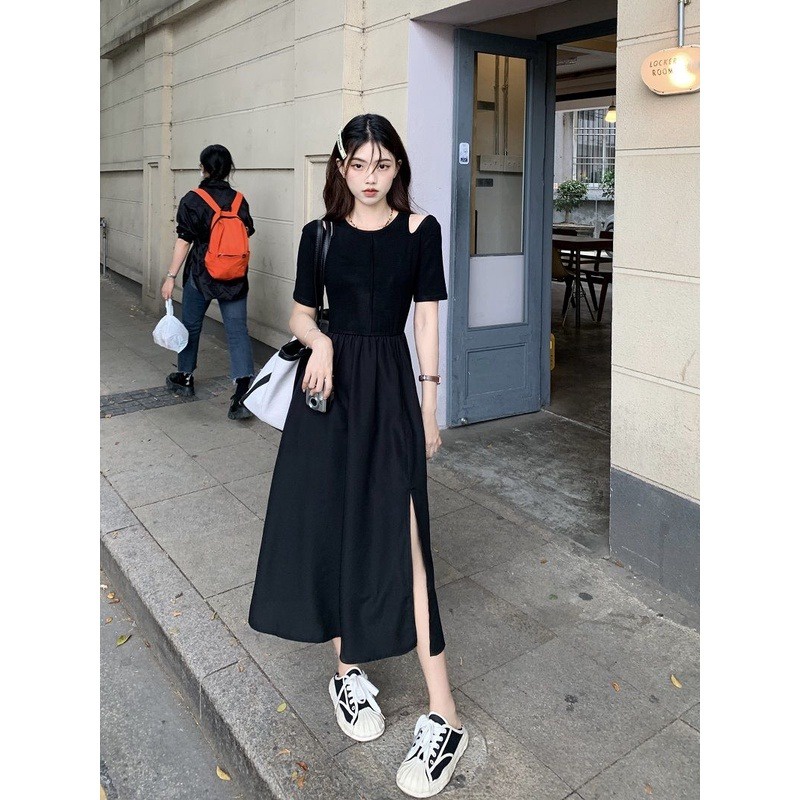 Đầm Chữ A Ngắn Tay Trễ Vai Ôm Eo Phong Cách Hepburn Cho Nữ
