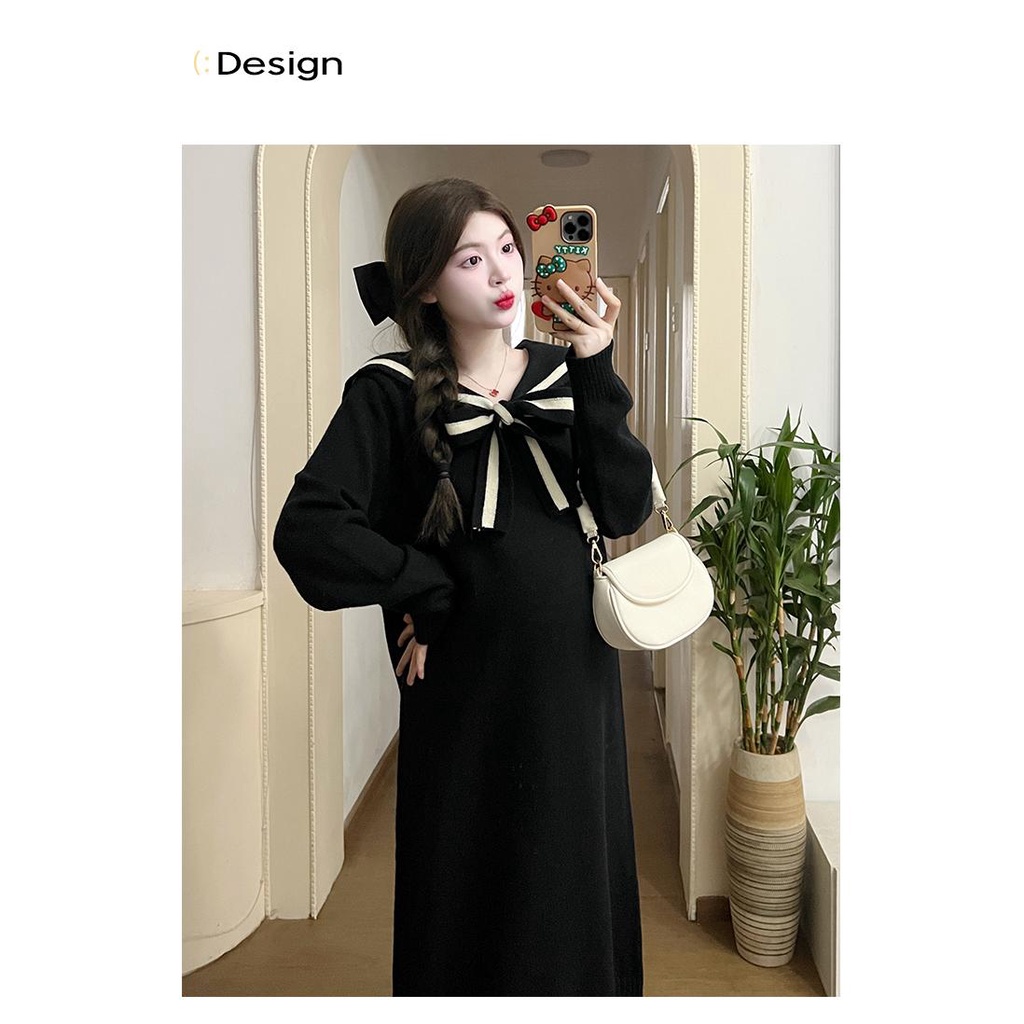 Đầm Dệt Kim Dáng Dài Cổ Thủy Thủ Thời Trang Thu Đông Xinh Xắn Cho Mẹ Bầu