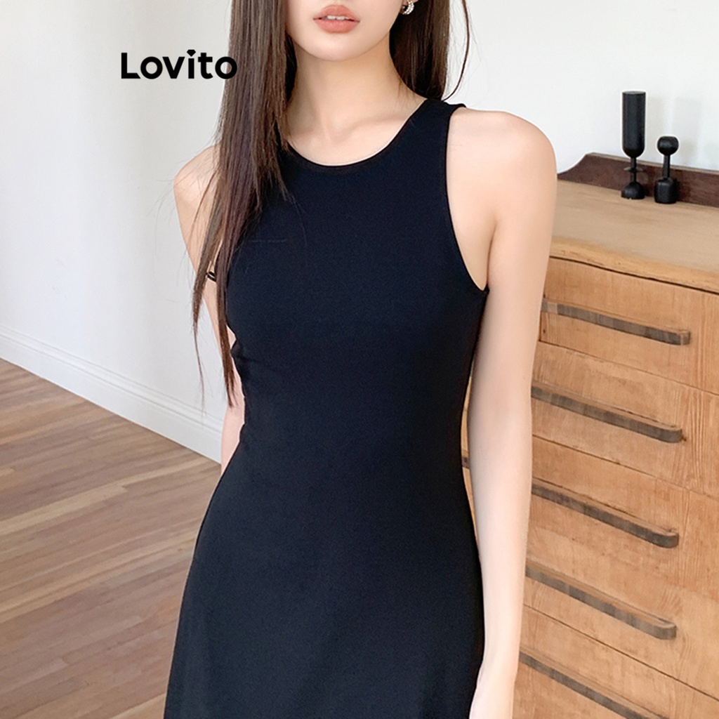 Đầm Lovito hở lưng màu trơn thường ngày cho nữ LNA21062