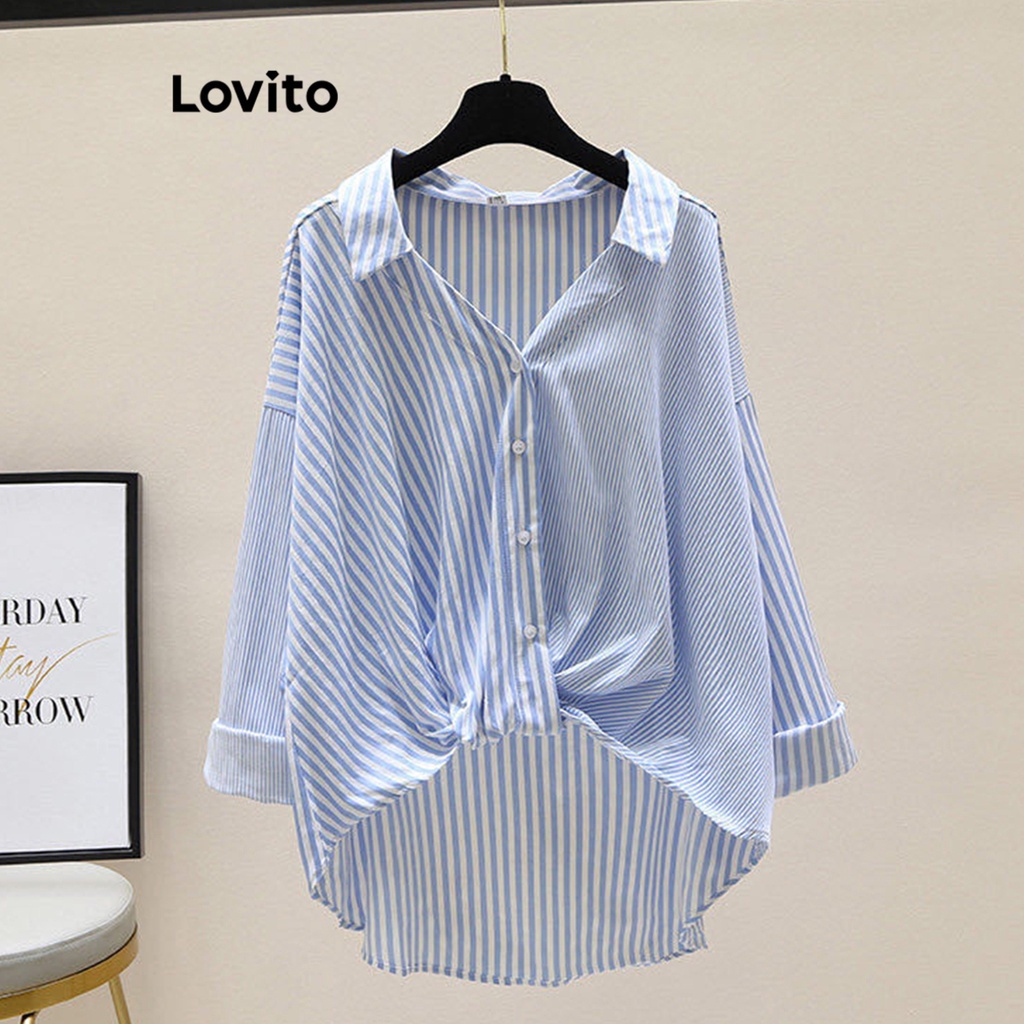 Áo kiểu Lovito thắt nút cài nút phía trước kẻ sọc thanh lịch cho nữ LNE21171 (Màu xanh dương)