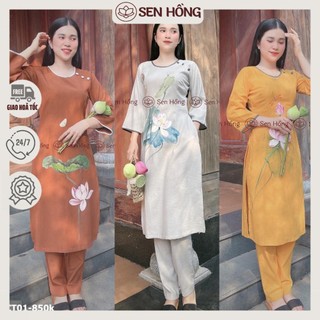 Set áo dài vẽ sen thủ công - áo dài cách tân đi chùa phật tử vải đũi mộc vẽ hoa sen thủ công cao cấp chính hãng ct03