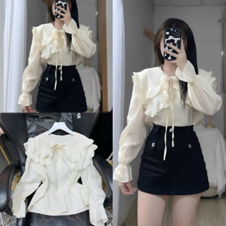 Áo sơ mi cổ bèo thắt nơ tay bồng chất đũi nhăn, Sơ mi nữ kiểu tiểu thư dài tay bánh bèo dễ thương phong cách ulzzang