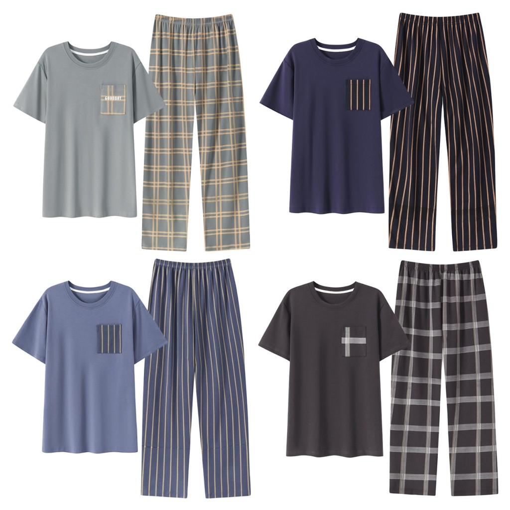 Men Sleepwear Summer pajama for men Set Liked Cotton Short Sleeve Top & Long Pants with Round Neck S