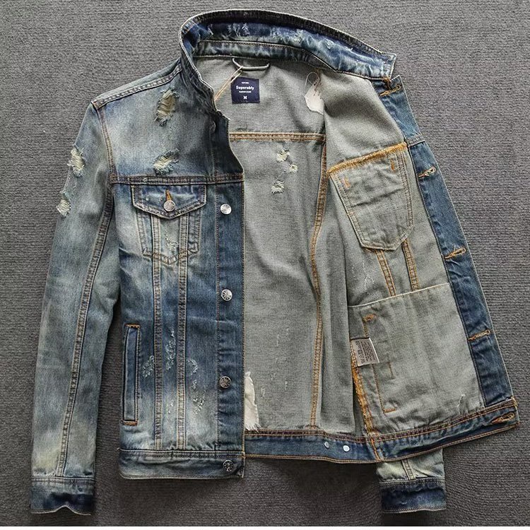 Áo Khoác denim Rách Phong Cách retro Thời Trang Cho Nam