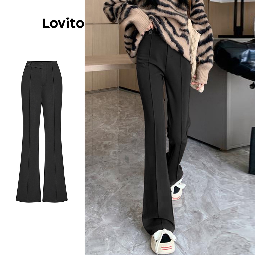 Quần Lovito phối khóa kéo cài nút bất đối xứng màu trơn thường ngày cho nữ L62ED098 (Màu đen)