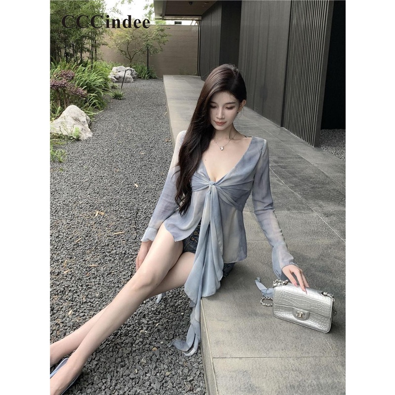 Cccindee Áo Thun Tay Dài Ống Loe Nhuộm Màu Tương Phản Thời Trang Mới 2023 Cho Nữ