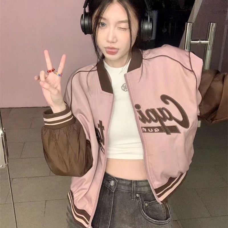 Áo Khoác Bóng Chày Tay Dài Dáng Rộng In Chữ cozok Màu Sắc Tương Phản Có Khóa Kéo Phong Cách vintage