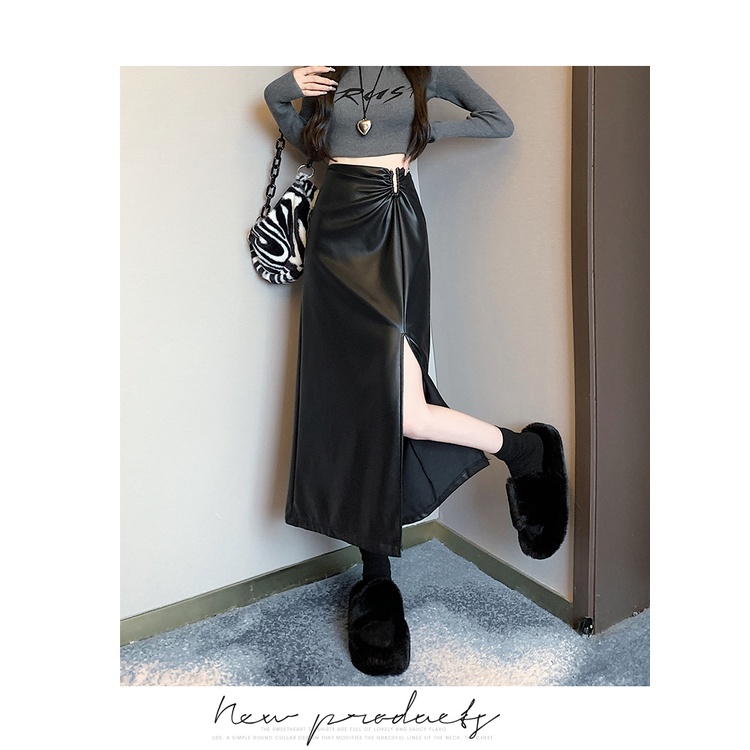 Liasynn Dụng Cụ Đóng Mắt Nằm Đóng ~ Công Cụ Cầm Tay Chân Dài!Chân Váy Da Dáng Chữ a Lưng Cao Xẻ Tà Thời Trang Thu Đông Cho Nữ