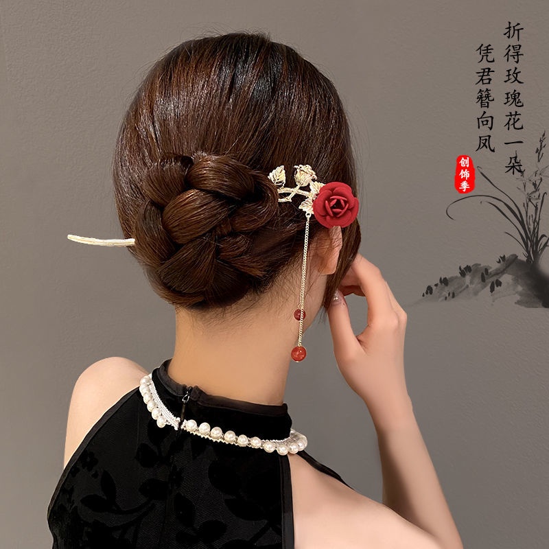 Trâm Cài Tóc Đính Hoa Hồng Tua Rua Phong Cách Cổ Điển Cho Cô Dâu