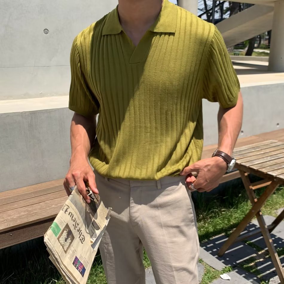 Áo Thun polo Dệt Kim Tay Ngắn Màu Trơn Thời Trang Mùa Hè Phong Cách Nhật Bản Cho Nam