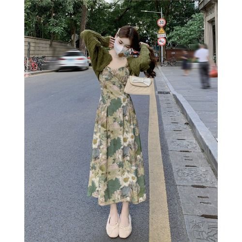 Bộ Áo Khoác cardigan Phối Chân Váy Hai Dây In Hoa Thời Trang Mùa Thu Cho Nữ