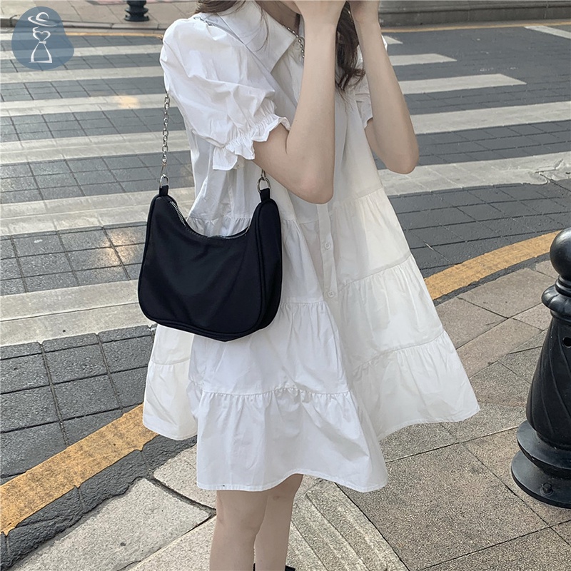 Đầm denim mini Dáng Chữ a Tay Phồng Lưng Cao Thời Trang Mùa Hè Cho Nữ