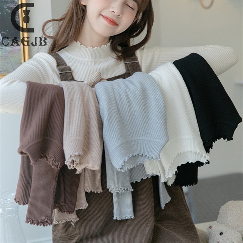 Áo Len Chui Đầu Dệt Kim Cao Cổ Phối Bèo Màu Trơn Ôm Dáng Gợi Cảm Mùa Đông yomg Cho Nữ