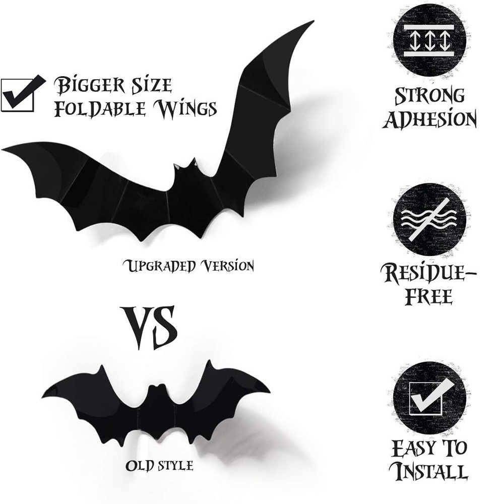 Set 60 / 24 Sticker 3d Hình Dơi Đen Trang Trí halloween
