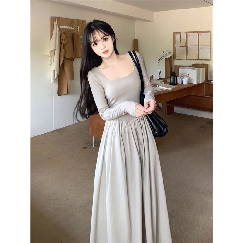 Đầm Xòe Chữ a Tay Dài Cổ Vuông Eo Cao Có Túi Phong Cách Pháp