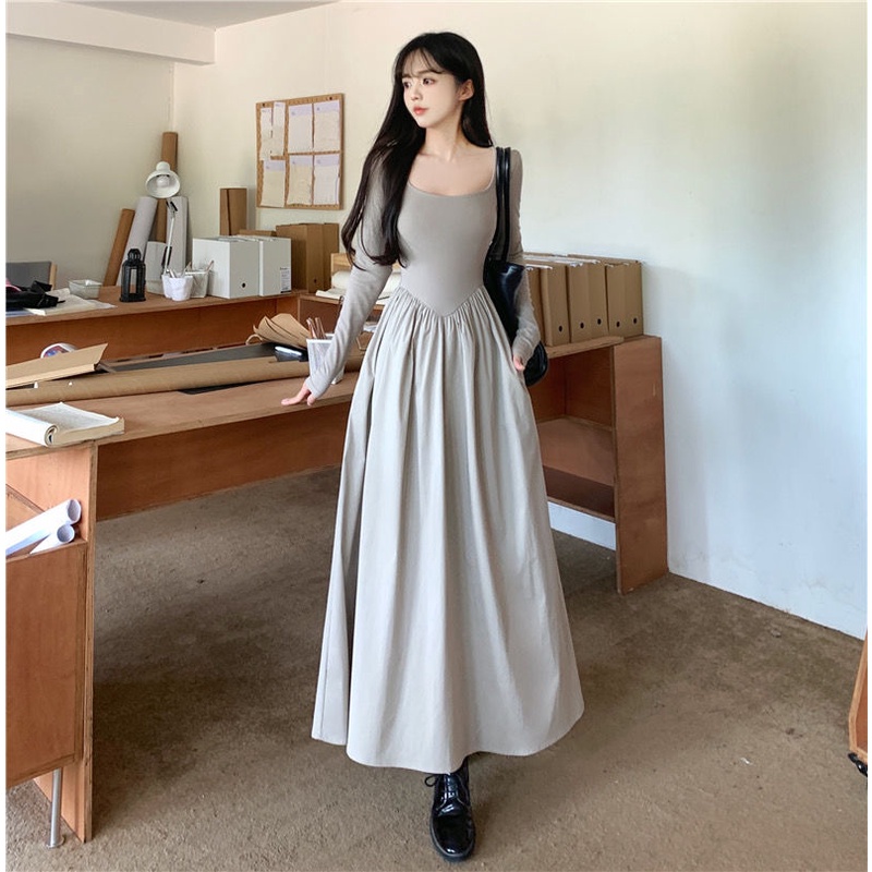 Đầm Xòe Chữ a Tay Dài Cổ Vuông Eo Cao Có Túi Phong Cách Pháp