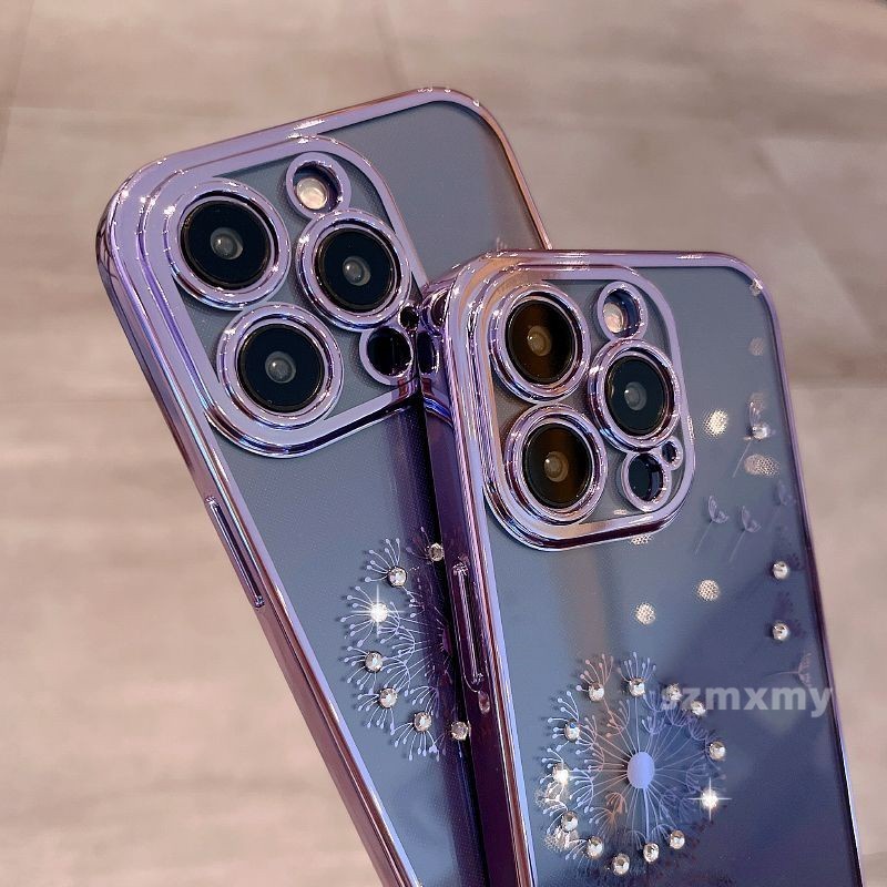 Ôp Điện Thoại tpu Dẻo Trong Suốt Mạ Điện Họa Tiết Hoa Bồ Công Anh Tím Cho iphone 15 14 plus 13 12 11 pro max Ốp