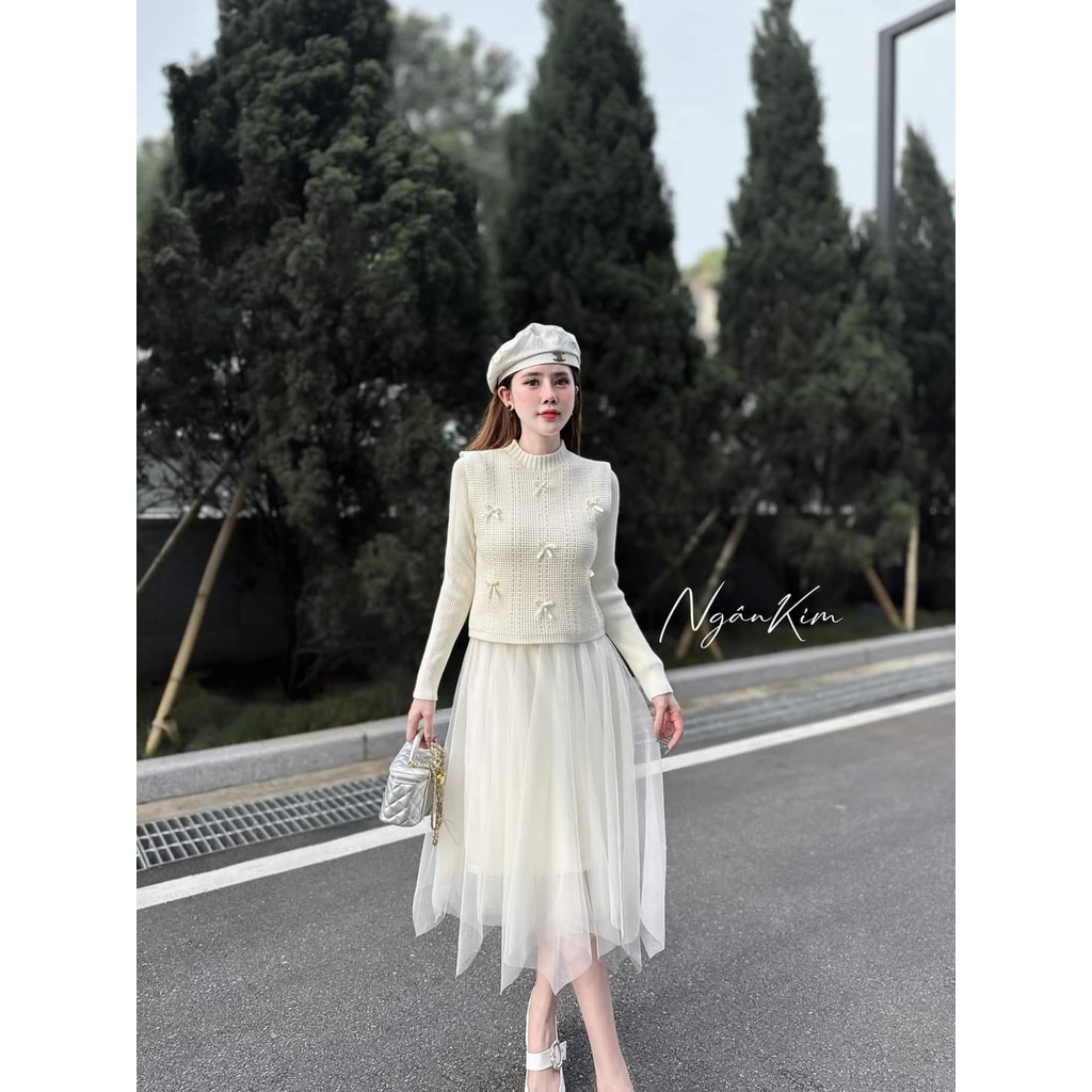 Set váy len chân voan áo gile đính nơ hàng QC