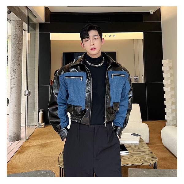 October Áo Khoác denim Dáng Ngắn Phối Da Thời Trang Cao Cấp Cho Nam