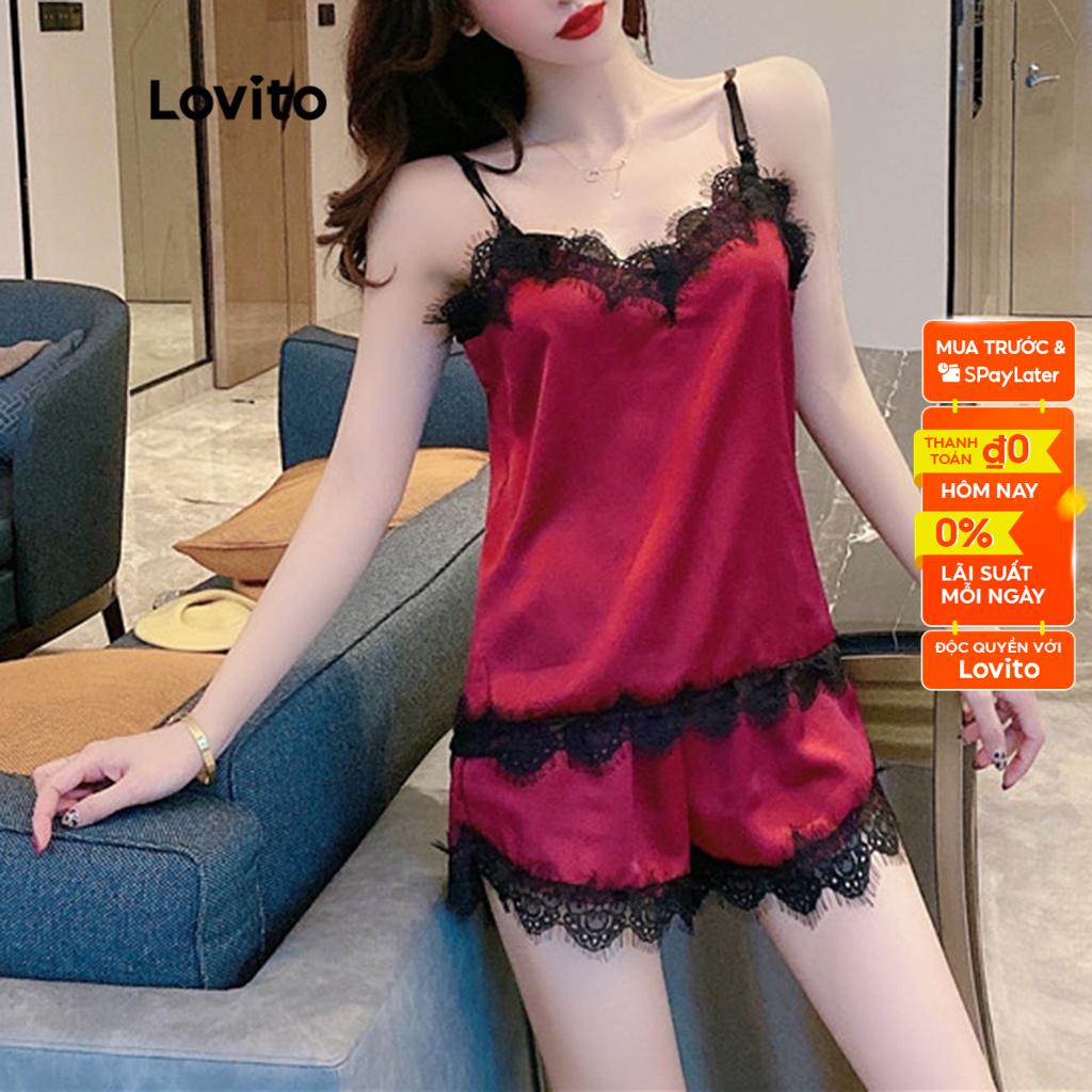 Bộ đồ pijama Lovito không tay cổ chữ V xếp nếp màu trơn phong cách sexy cho nữ LNE07050 (đỏ)