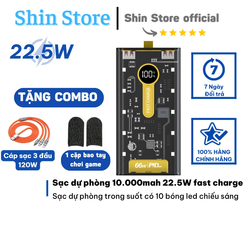 Pin sạc dự phòng trong suốt sạc nhanh QC22.5W PD20W 10000mah có màn hình led hiển thị và mạch đèn led chiếu sáng