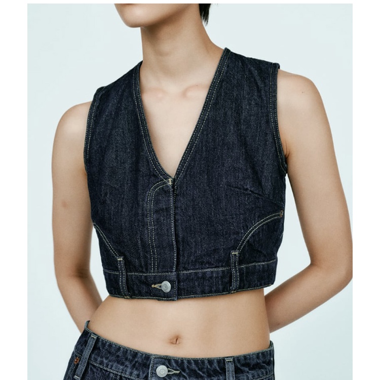 Zara Bộ Áo Khoác Sát Nách Cổ Chữ v + Chân Váy denim Xếp Ly Thời Trang Thu Đông 233216212 3216270