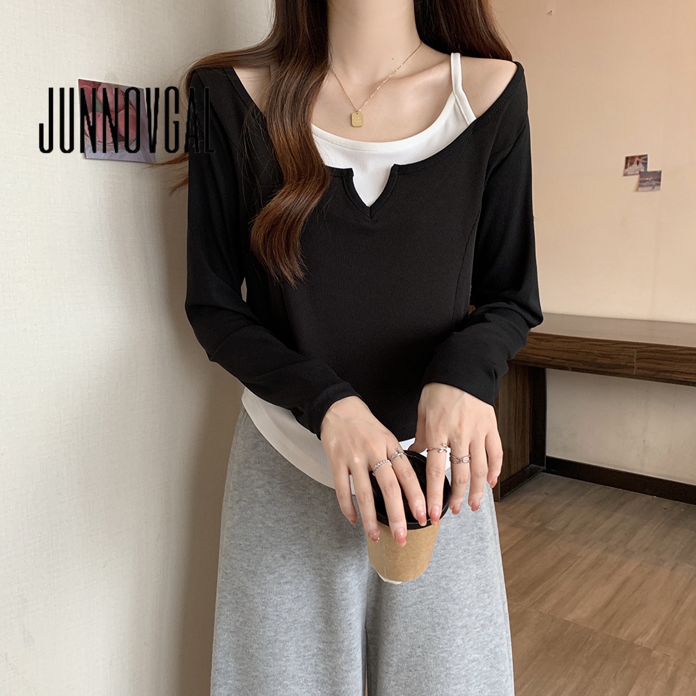 Junnovgal Áo Thun Tay Dài Cổ Chữ u Dáng Rộng Phối Màu Tương Phản Thời Trang Cho Nữ 2023