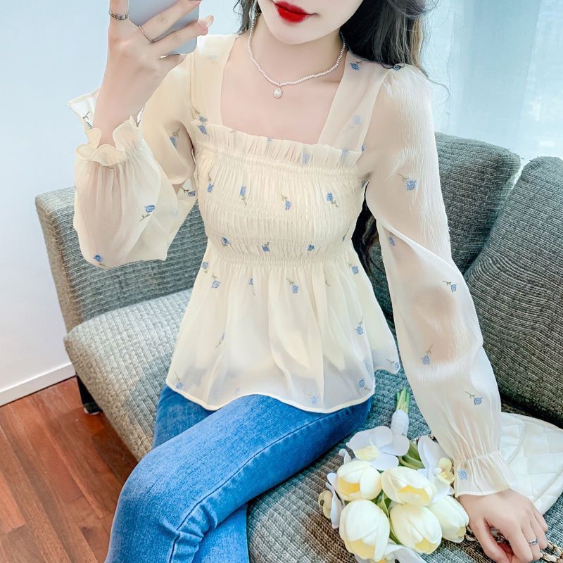 Áo Sơ Mi chiffon Tay Dài Cổ Vuông In Họa Tiết Thời Trang Mùa Thu Cho Nữ