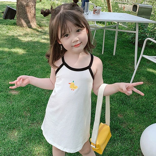 90-140cm Ice Silk Ribbed Mùa Hè Phong Cách Mỏng Bé Gái Bé Gái Trẻ Em Không Tay Sling Dễ Thương Giữa Chiều Dài Kẹo Đầm Sling Màu