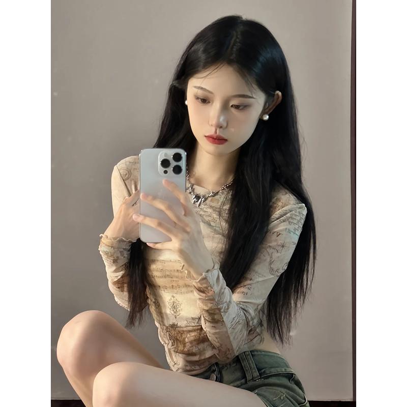 Áo Thun Tay Dài In Họa Tiết Kiểu retro Thời Trang Mùa Xuân Cho Nữ