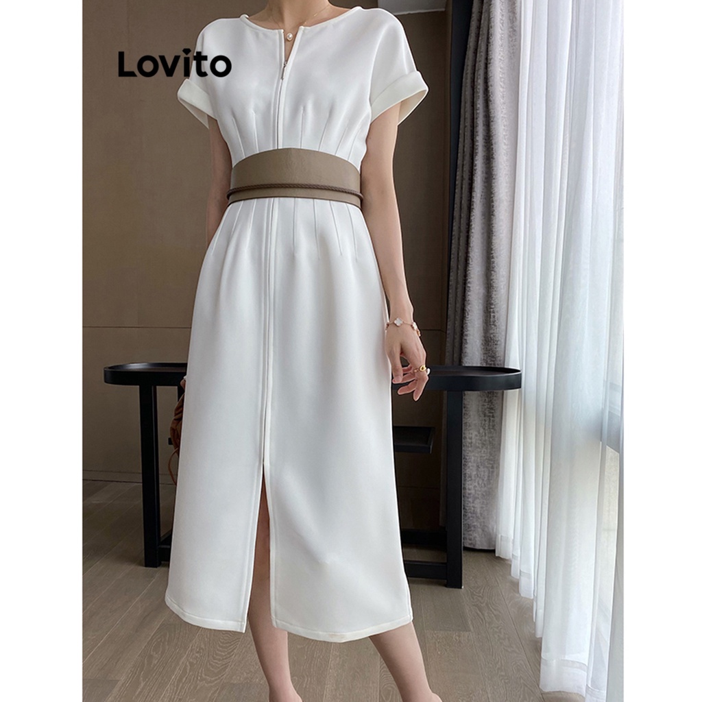 Đầm Lovito xẻ tà màu trơn thanh lịch cho nữ LNE20153 (Màu trắng)