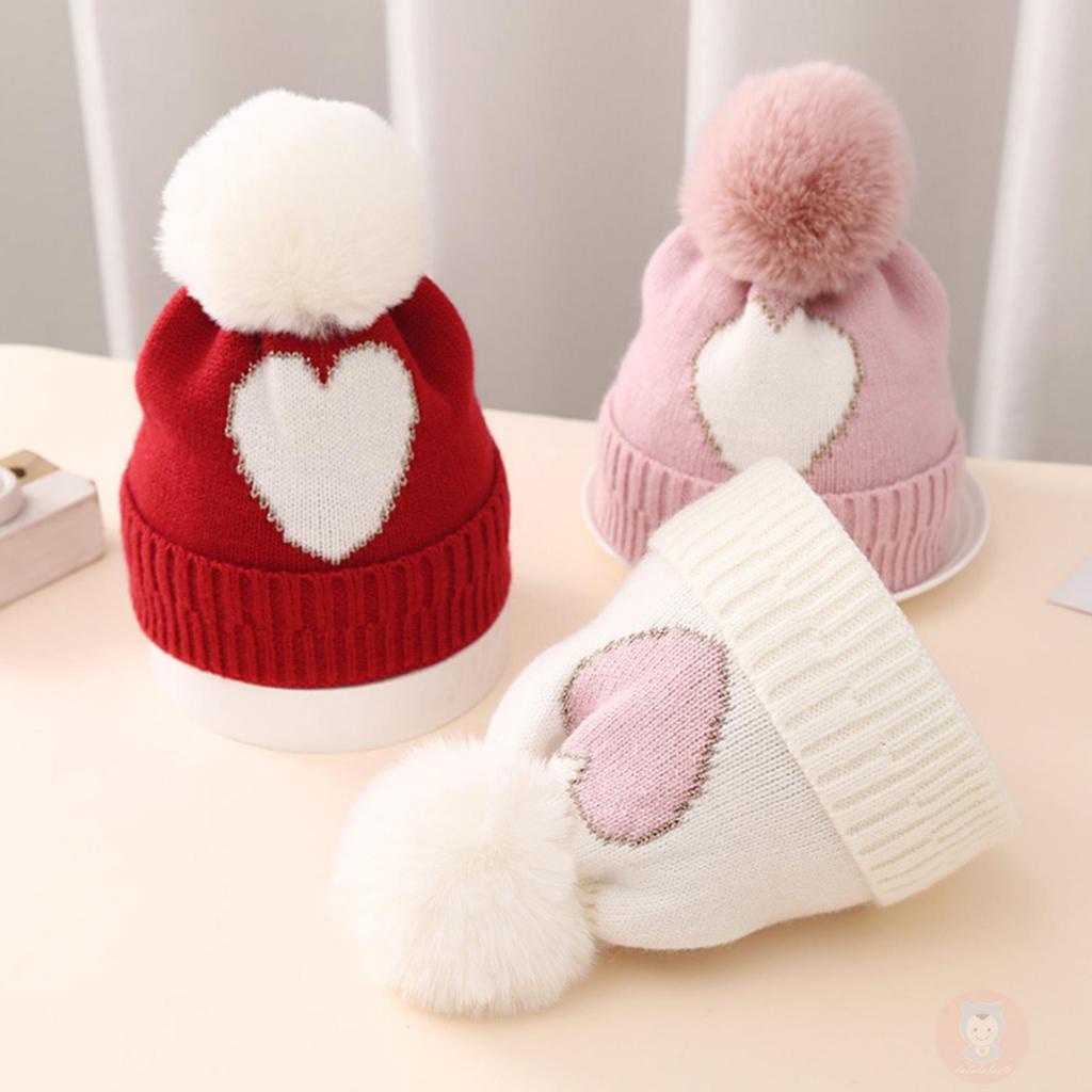 Laa6- Mũ Dệt Kim Hình Trái Tim Lắc Lư Giữ Ấm Mùa Đông Cho Bé Gái