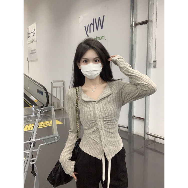 Áo Dệt Kim Tay Dài Dáng Ôm Xếp Ly Thời Trang Mùa Thu Xinh Xắn Cho Nữ