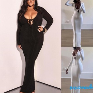 Bay-nữ Mùa Thu Dài Bodycon Đầm Màu Trơn Cắt Thấp Dây Buộc Dài Tay Đầm Chặt Mùa Xuân Chiều Dài Sàn Đầm Dạ Hội
