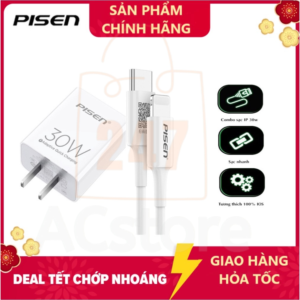 BỘ sạc nhanh Pisen 30W PD chuyên dùng cho 14 pro max 13 12 11 xs xr x 8 plus 8 hỗ trợ PD 30W QC - ACSTORE