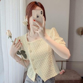 Khí chất mùa hè áo sơ mi voan cổ vuông nữ mùa hè ngắn tay ngắn eo áo sơ mi pháp