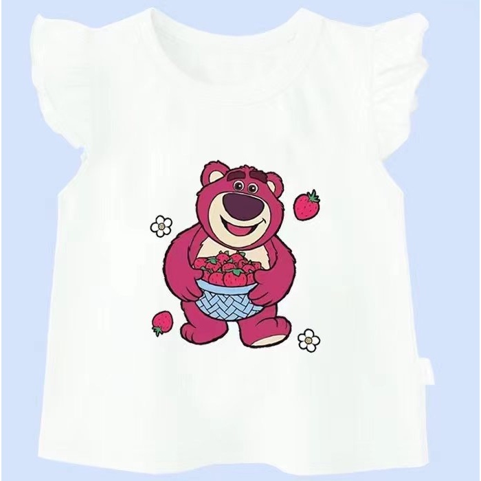 Áo Thun cotton Tay Bèo Họa Tiết Gấu Dâu Tây Dễ Thương Chất Lượng Cao Cho Bé Gái