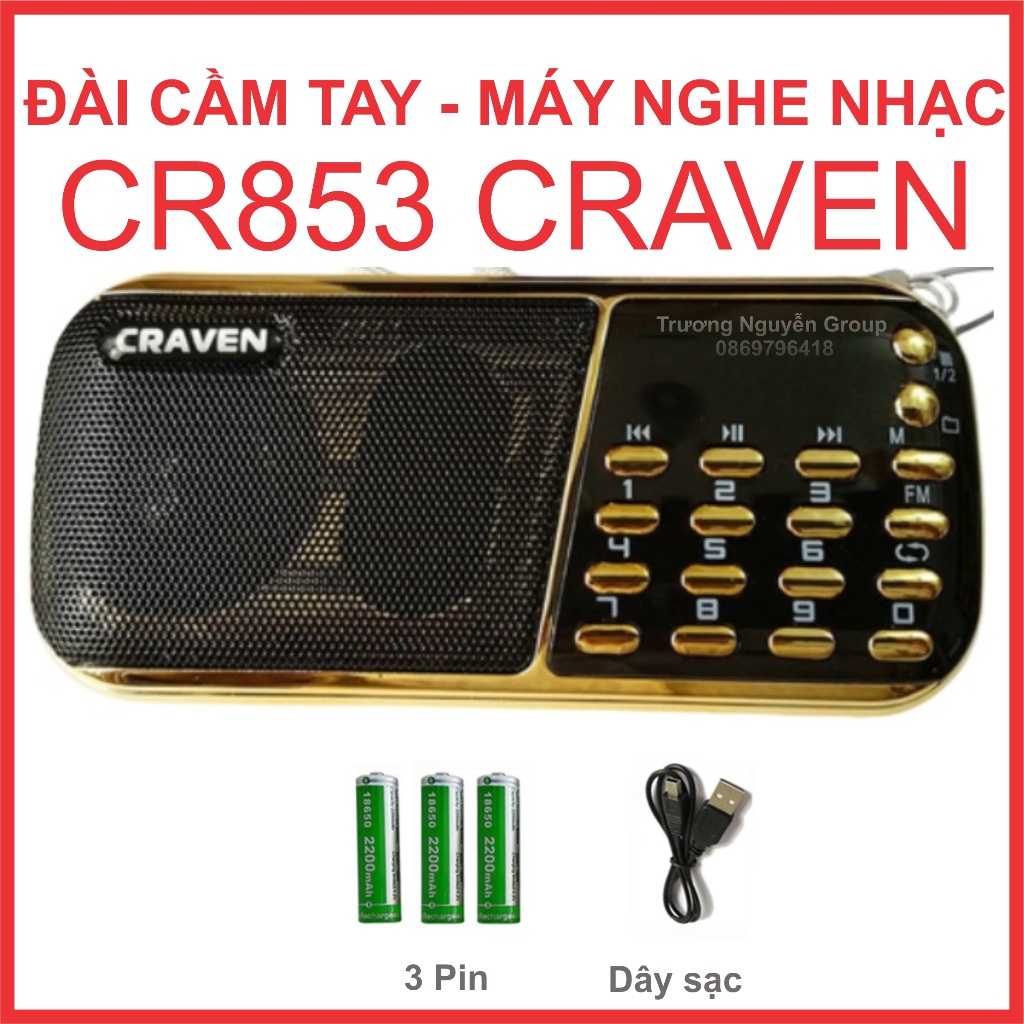 Đài Cầm Tay - Máy Nghe Nhạc Thẻ Nhớ Usb - Fm - Radio - Kiêm đèn Pin led siêu sáng - Loa Craven Cr 853 - 3 Pin sạc