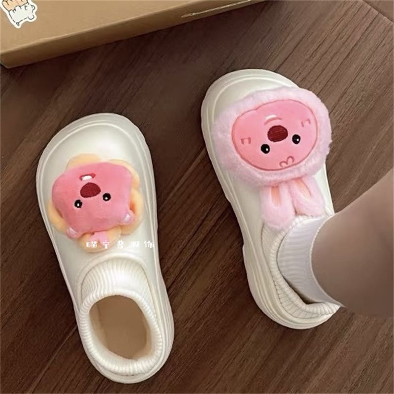 Dép Bông Bông Đi Trong Nhà Đế Dày Ấm Áp Màu Đỏ Đào Trắng Đen