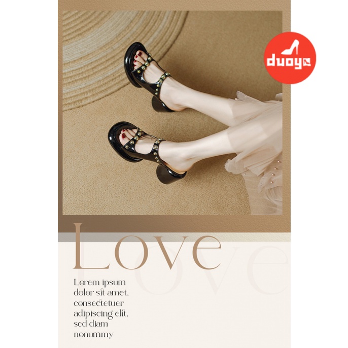 Duoya Tóc Thẳng ~  Dép Cao Gót Hở Ngón Đế Dày Đính Đinh Tán Dễ Phối Đồ Thời Trang Cho Nữ